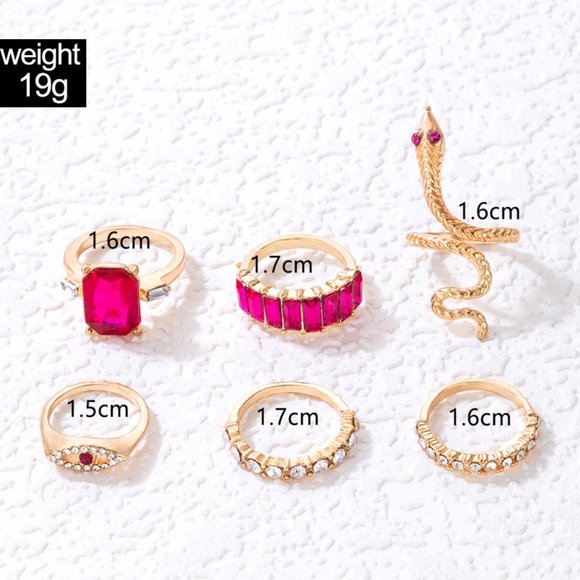 3/$35 6 pcs Stacked Joint Knuckle Finger Ring Set Pink Diamond Gemstone Snake - Picture 5 of 6